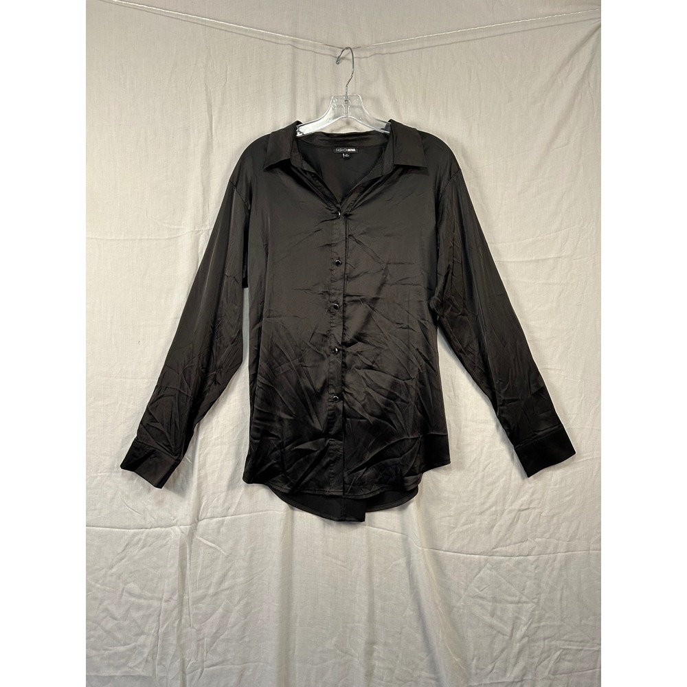 Fashion Nova Womens XL Black Satin Button Down Shirt Back Detail Blouse #2090